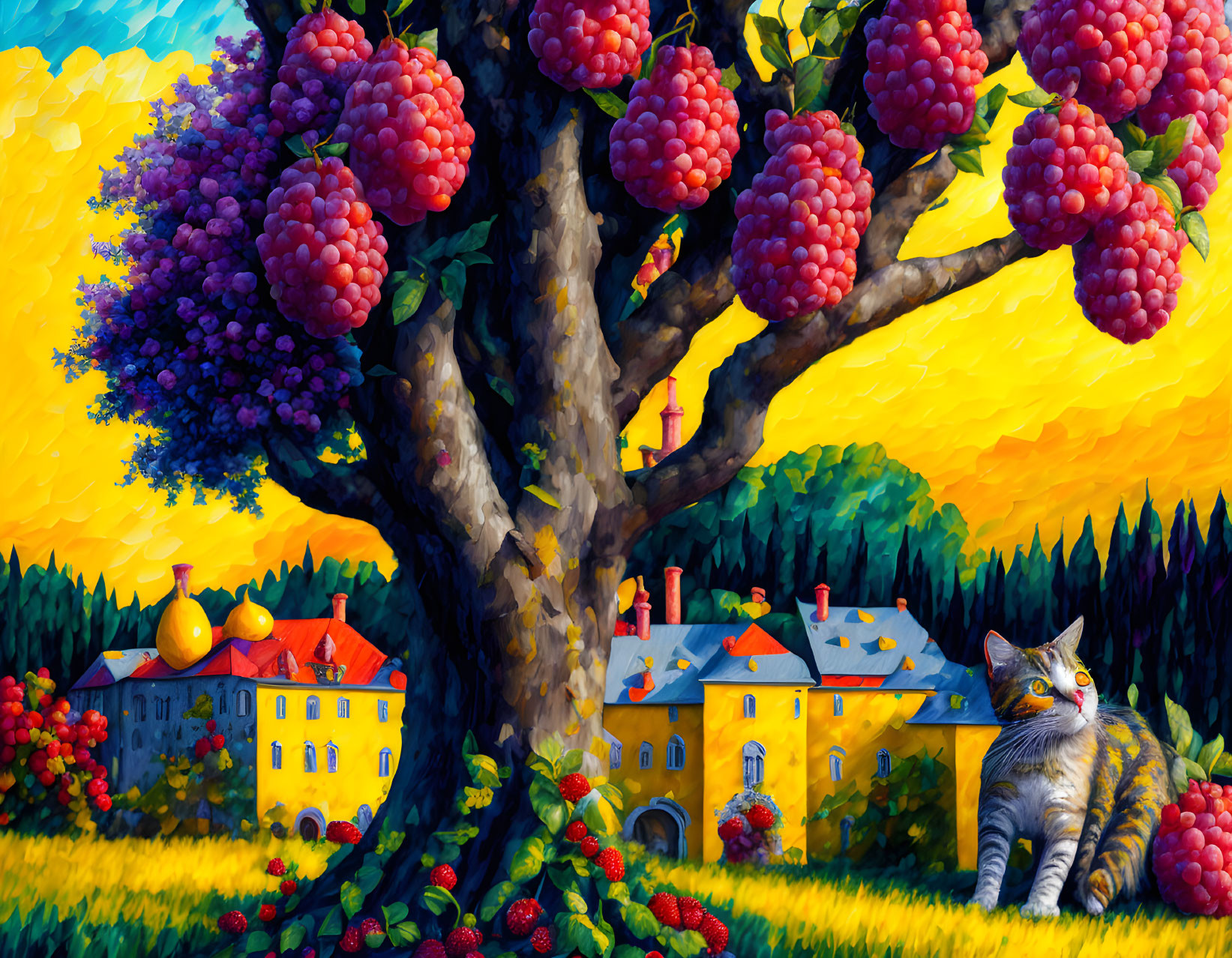 Colorful painting featuring large tree, oversized raspberries, cat, and colorful houses under yellow sky