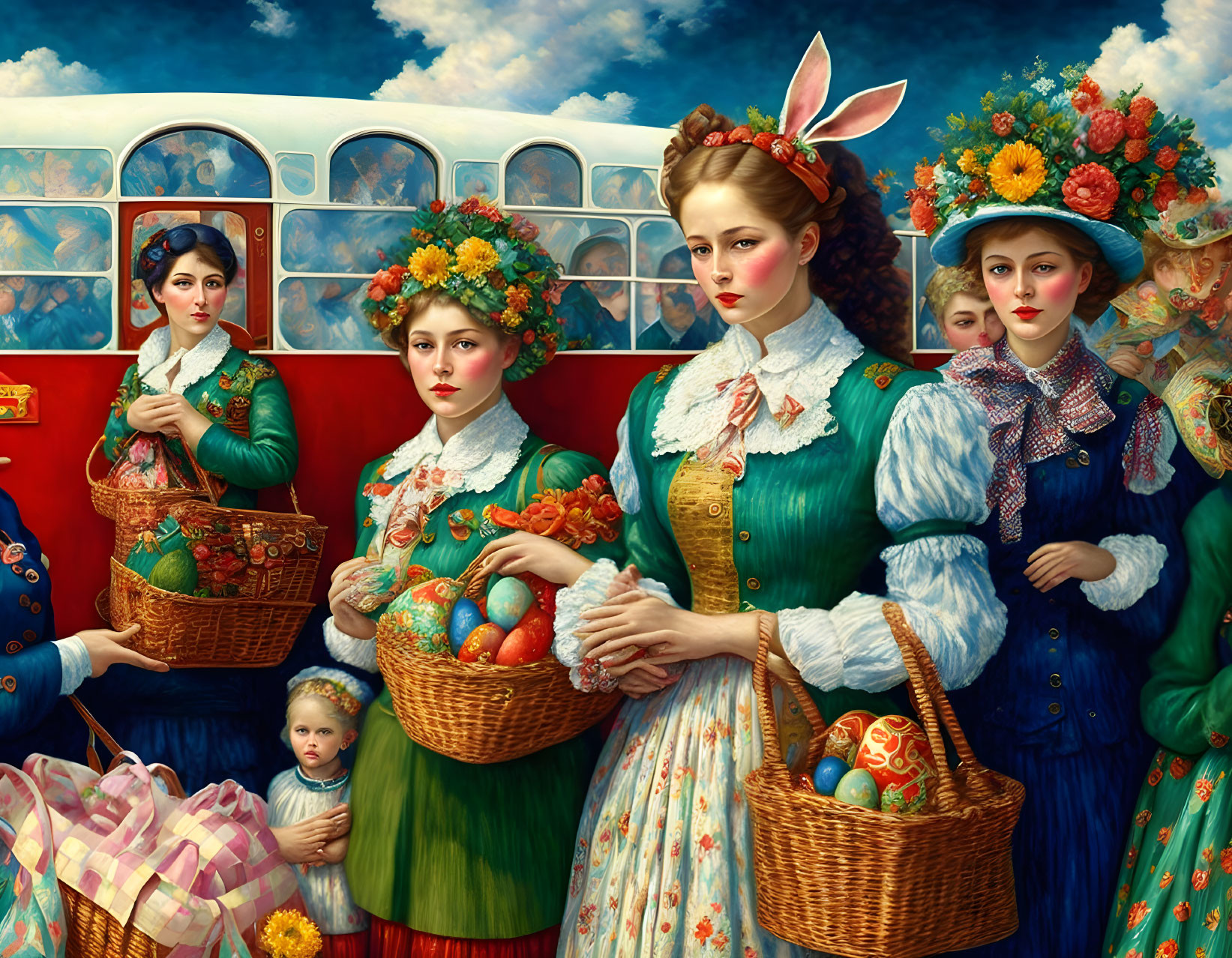 Four Women in Traditional Folk Dresses Holding Easter Egg Baskets