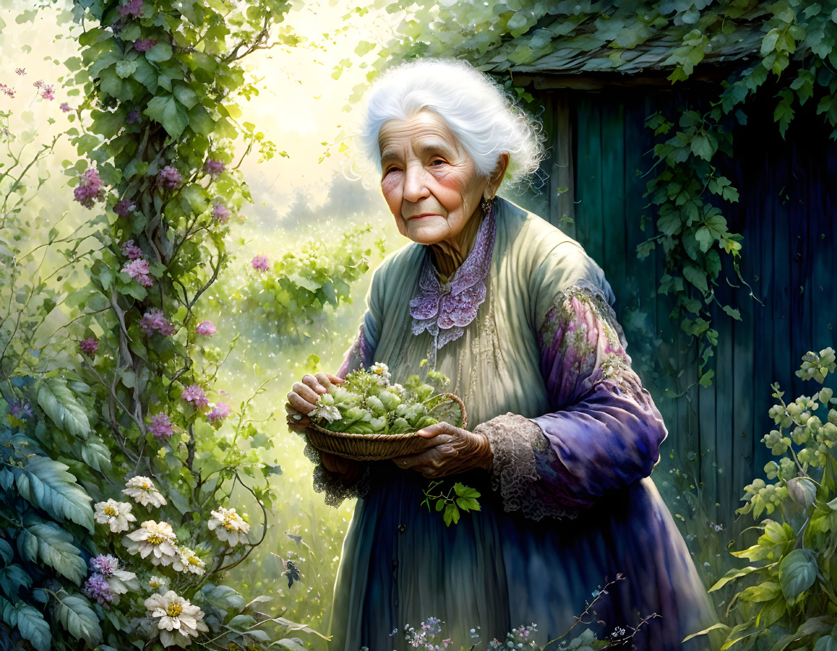 Elderly woman with white hair smiling in front of green door with vines