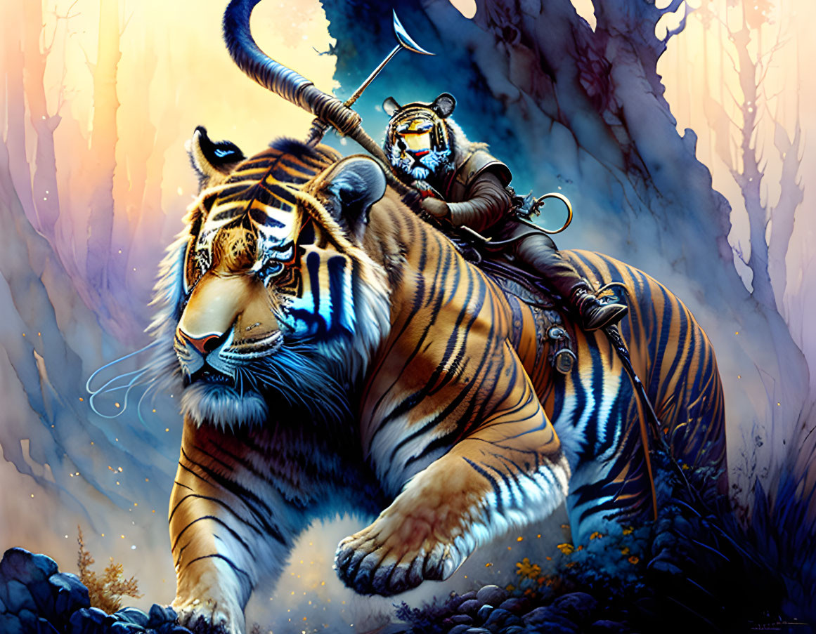 Warrior in tribal attire riding tiger through mystical forest in vibrant blue and purple hues