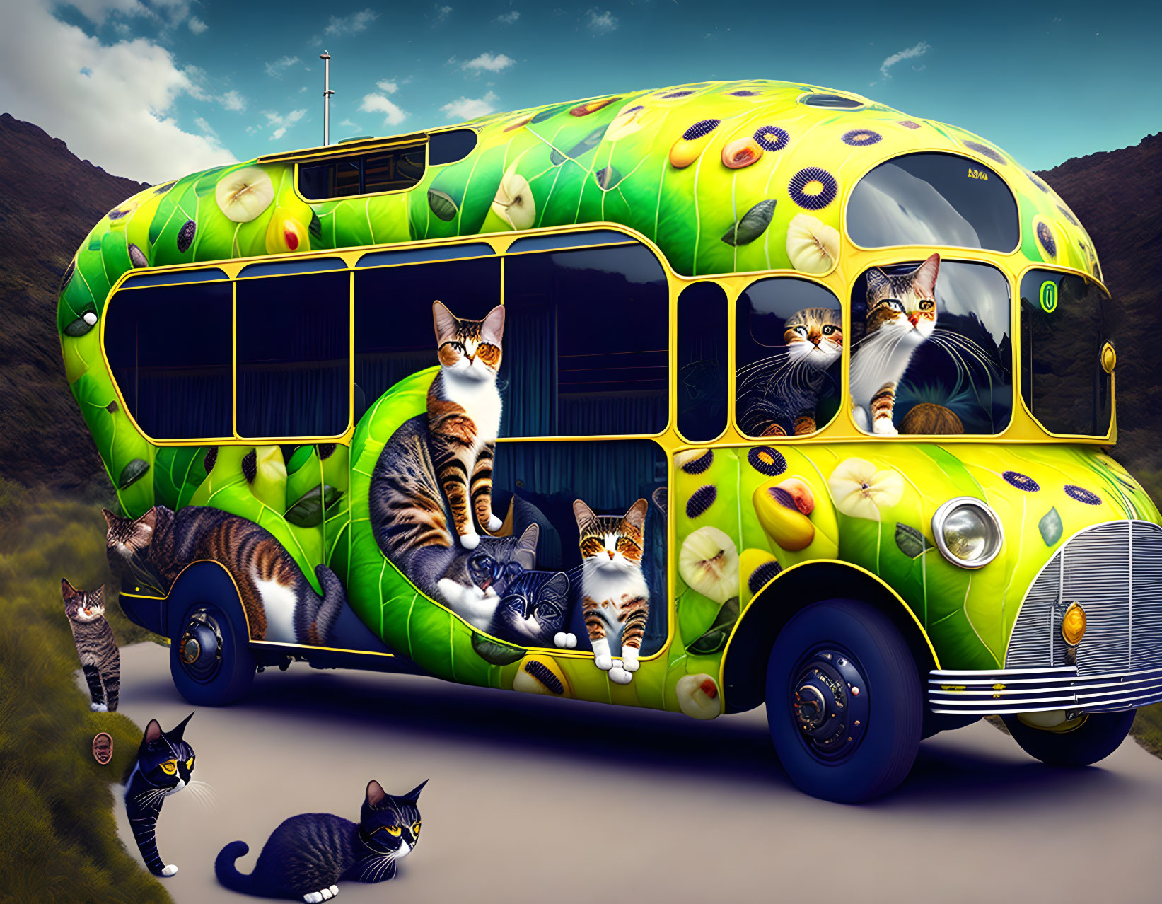 Fantastical bus with kiwi fruit theme and tabby cats against hill backdrop