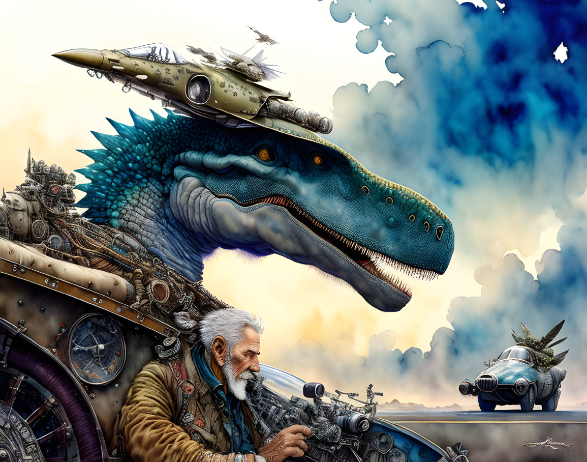 Elderly man pilots mechanical dragon in steampunk sky