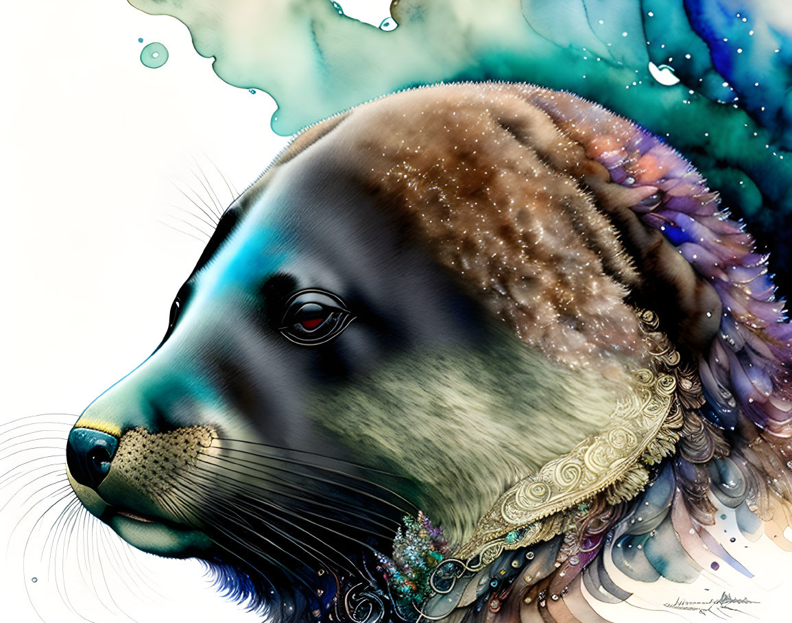 Colorful Seal Illustration with Gold Patterns on Watercolor Splash