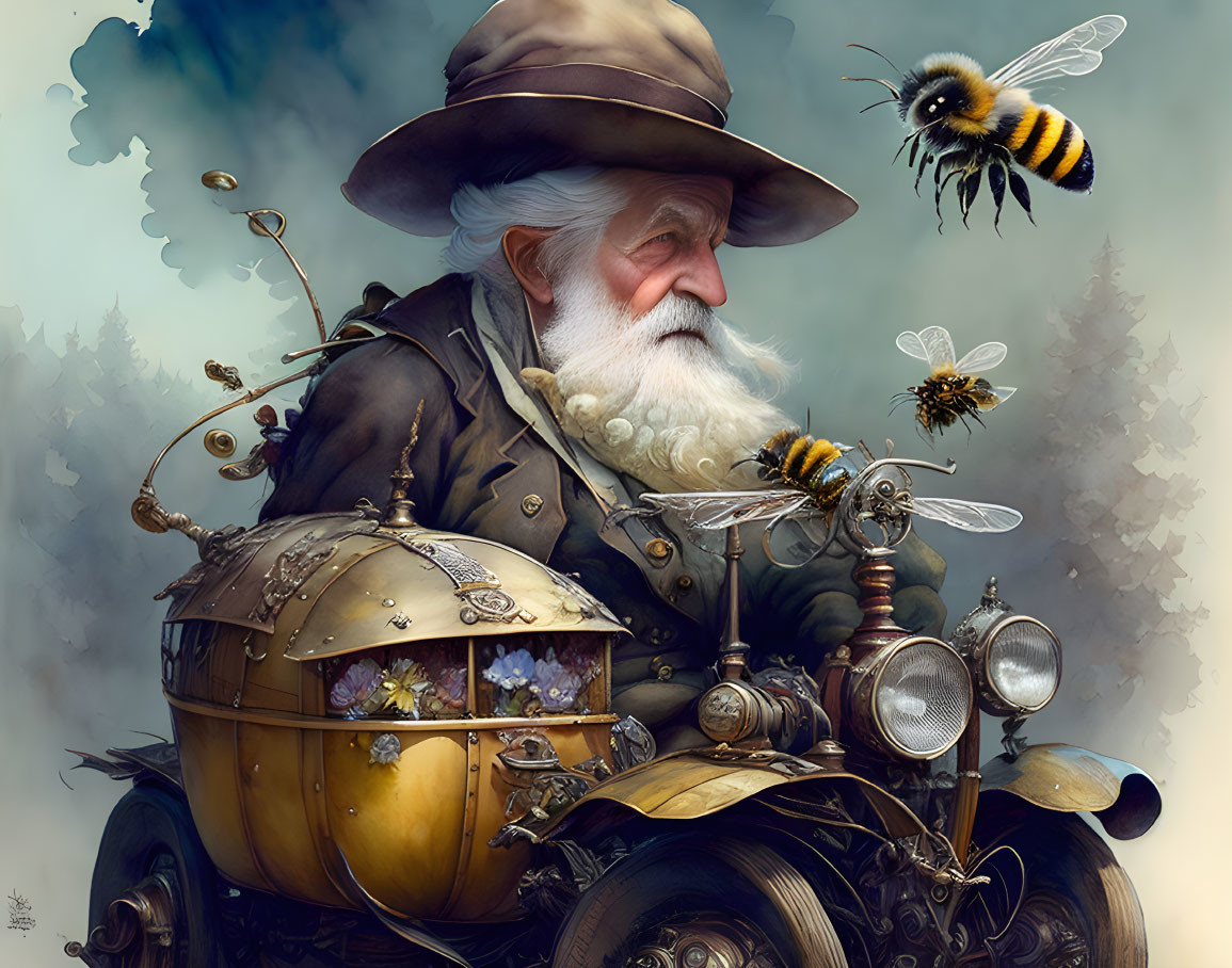 Elderly man in steampunk bee vehicle with bees in forest.