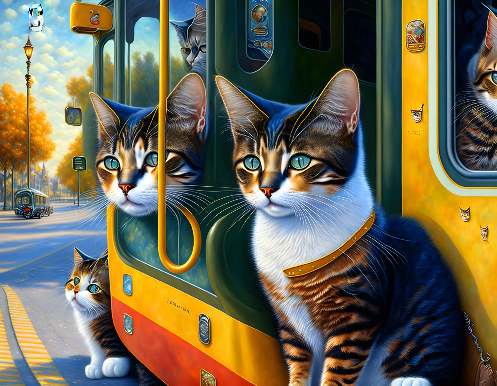 Realistic cats with blue eyes on yellow-and-green streetcar in sunny street