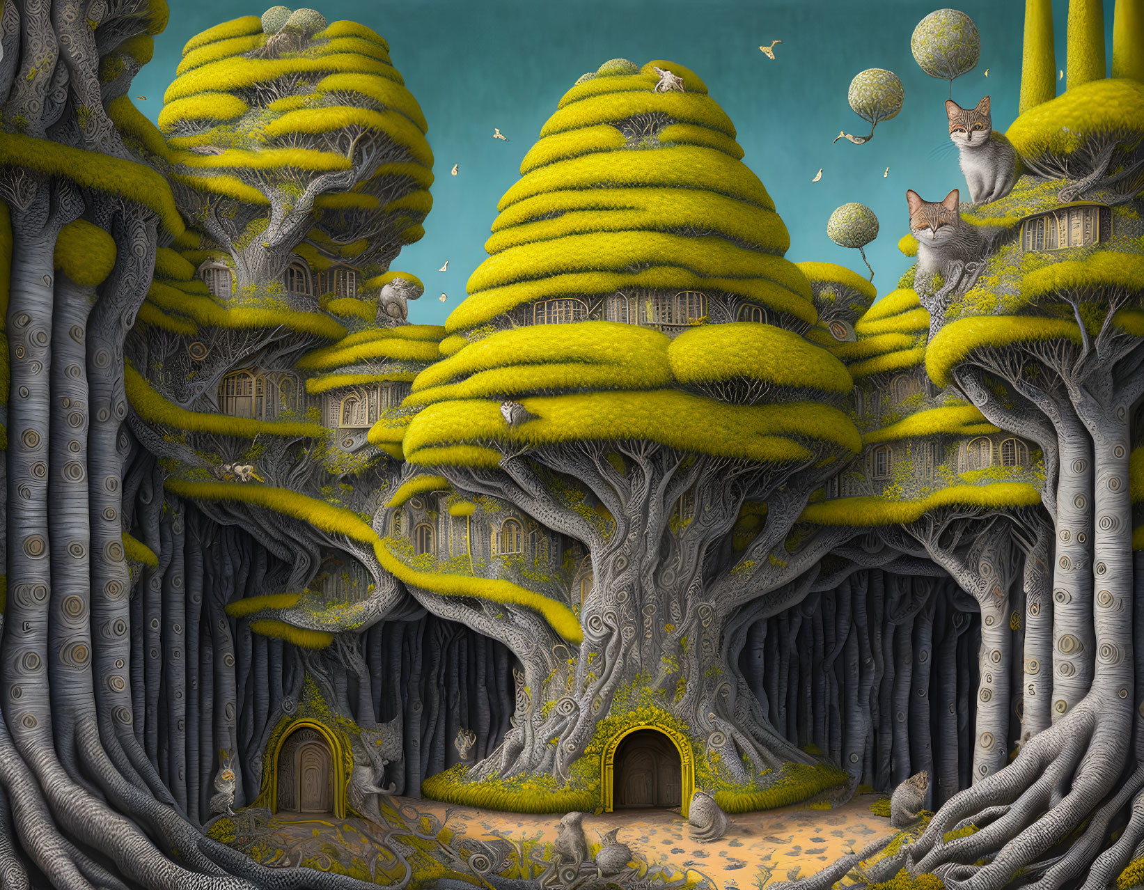 Surreal landscape with oversized mushrooms, intricate trees, flying islands, and observing cats