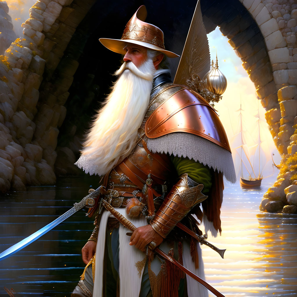 Elderly knight with glowing sword by the sea and ship in background