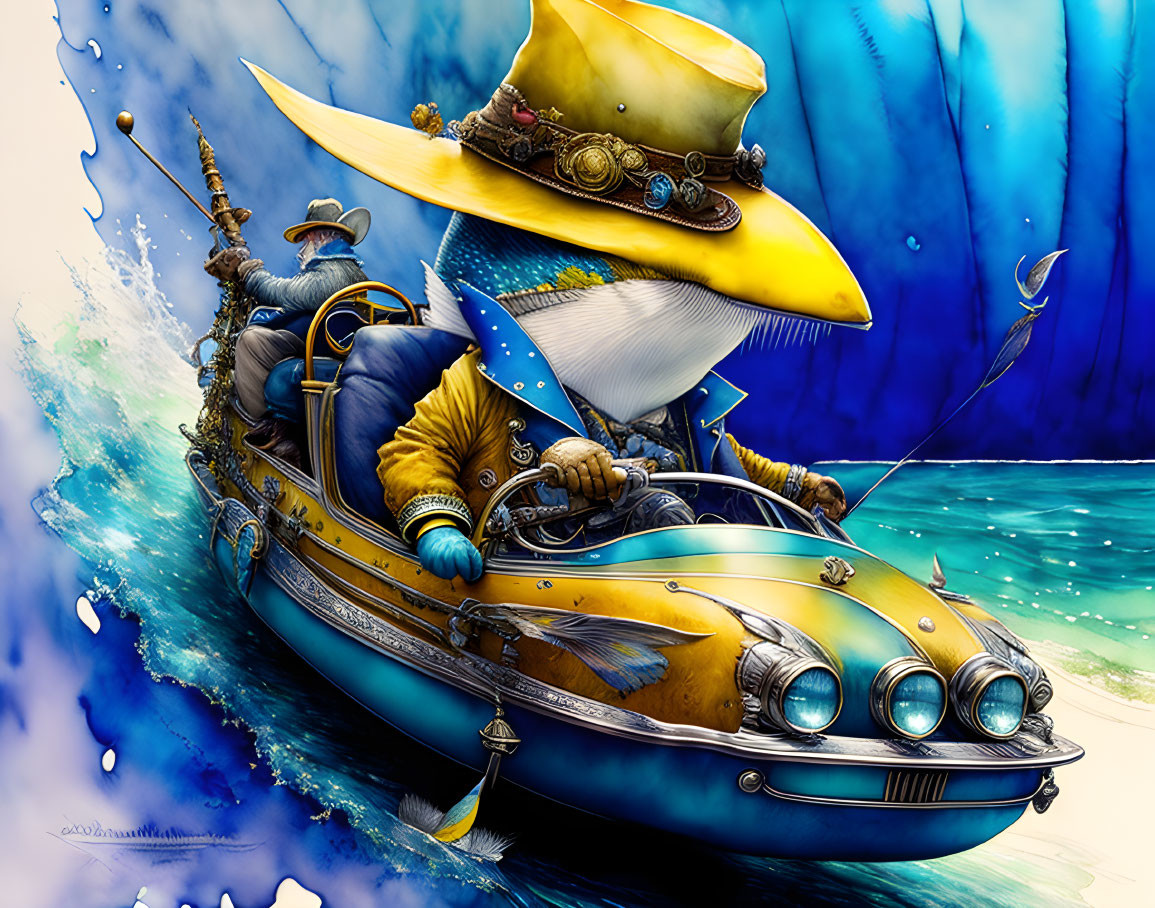 Whimsical fisherman in yellow hat fishing from submarine with giant fish