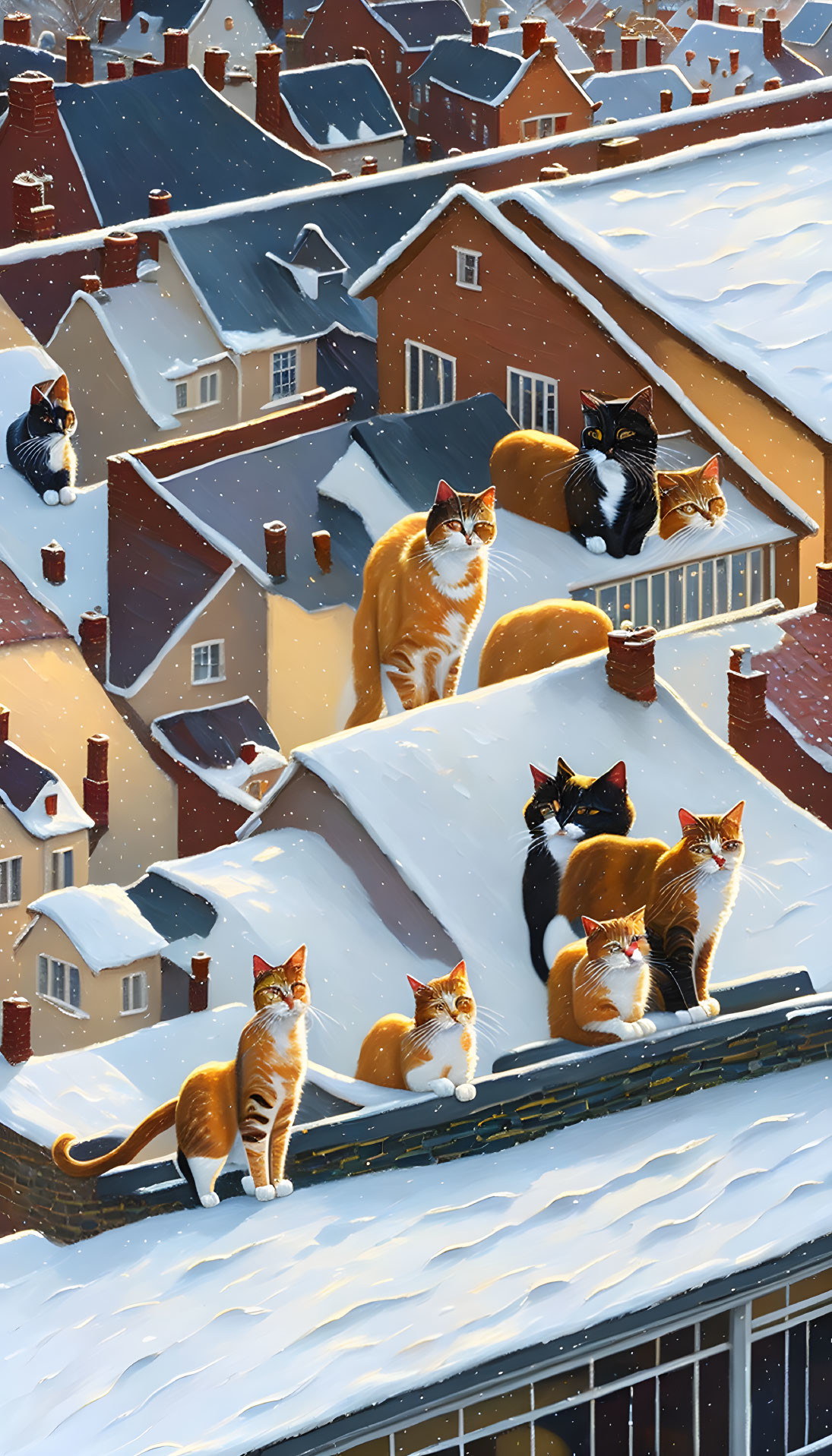 Multiple Cats with Unique Markings on Snow-Covered Rooftops in Dense Neighborhood Under Wintry