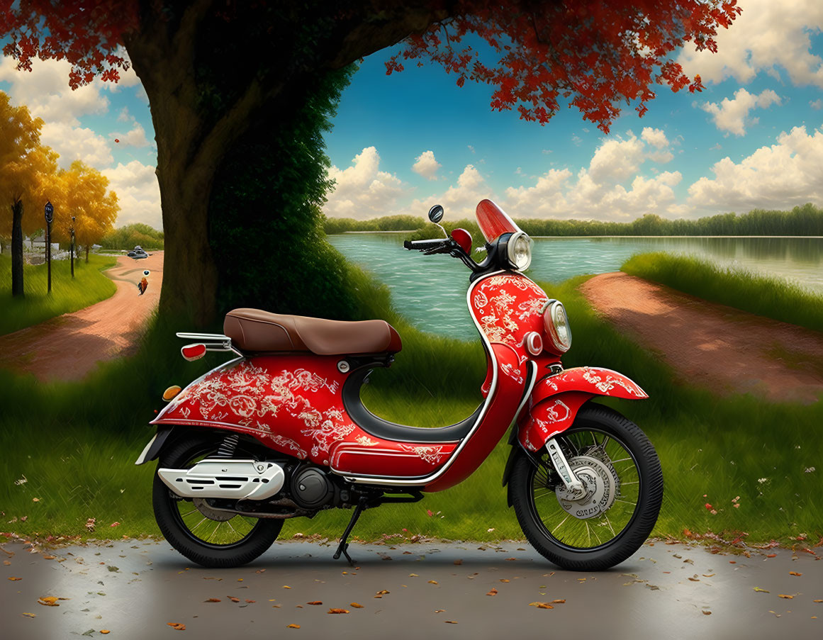 Red Scooter Parked by Tranquil Lake Surrounded by Autumn Trees