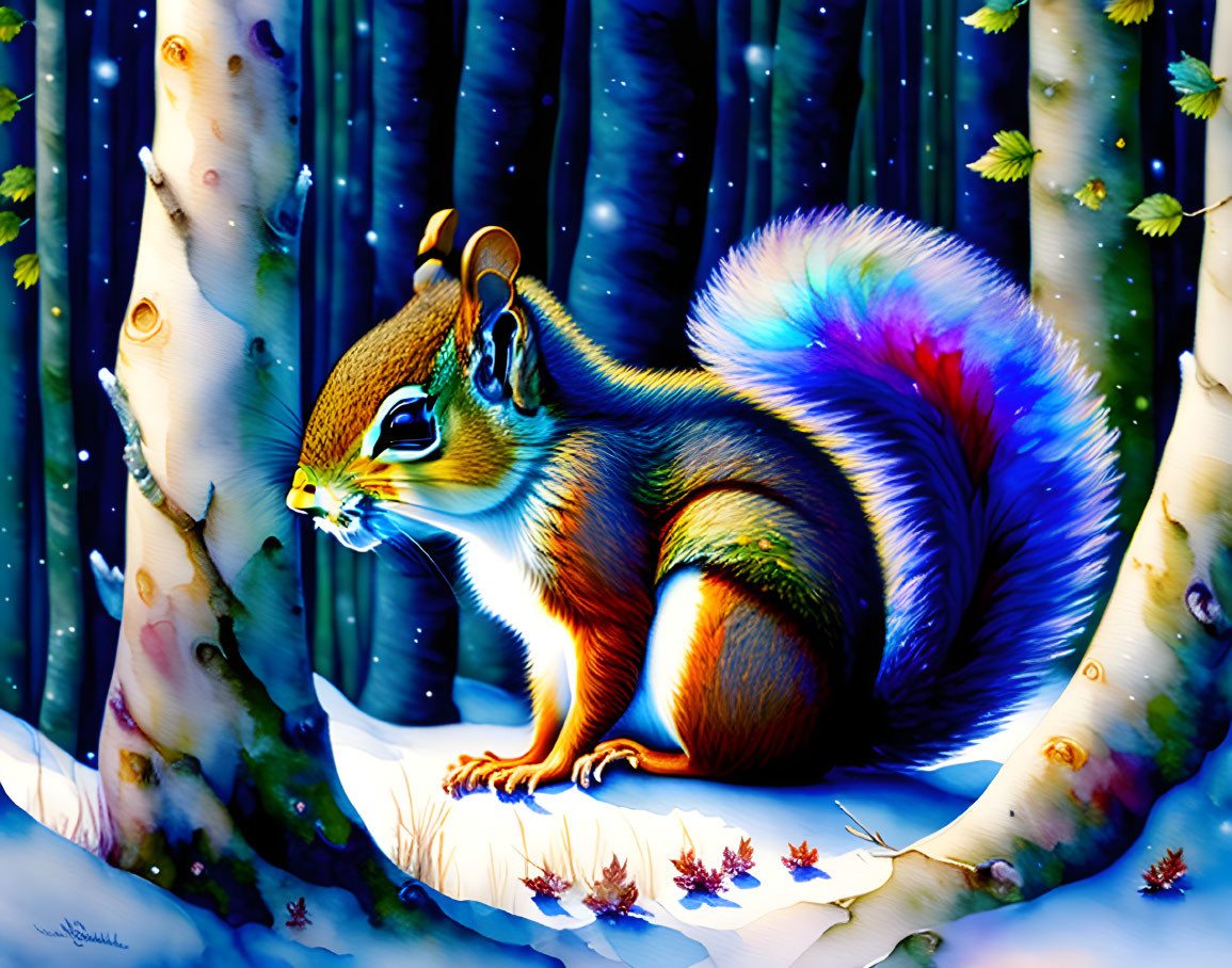 Colorful squirrel in snowy forest with glowing trees