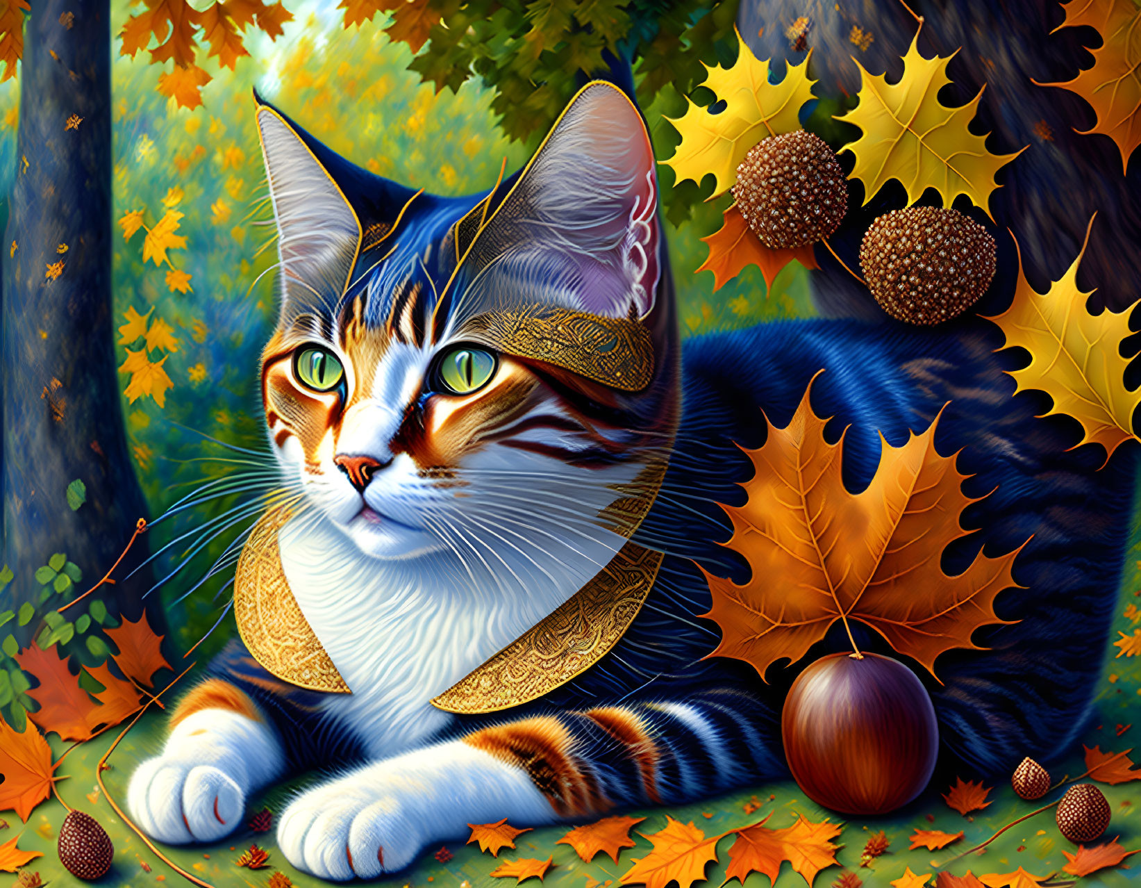 Vibrant cat illustration with green eyes in autumn setting