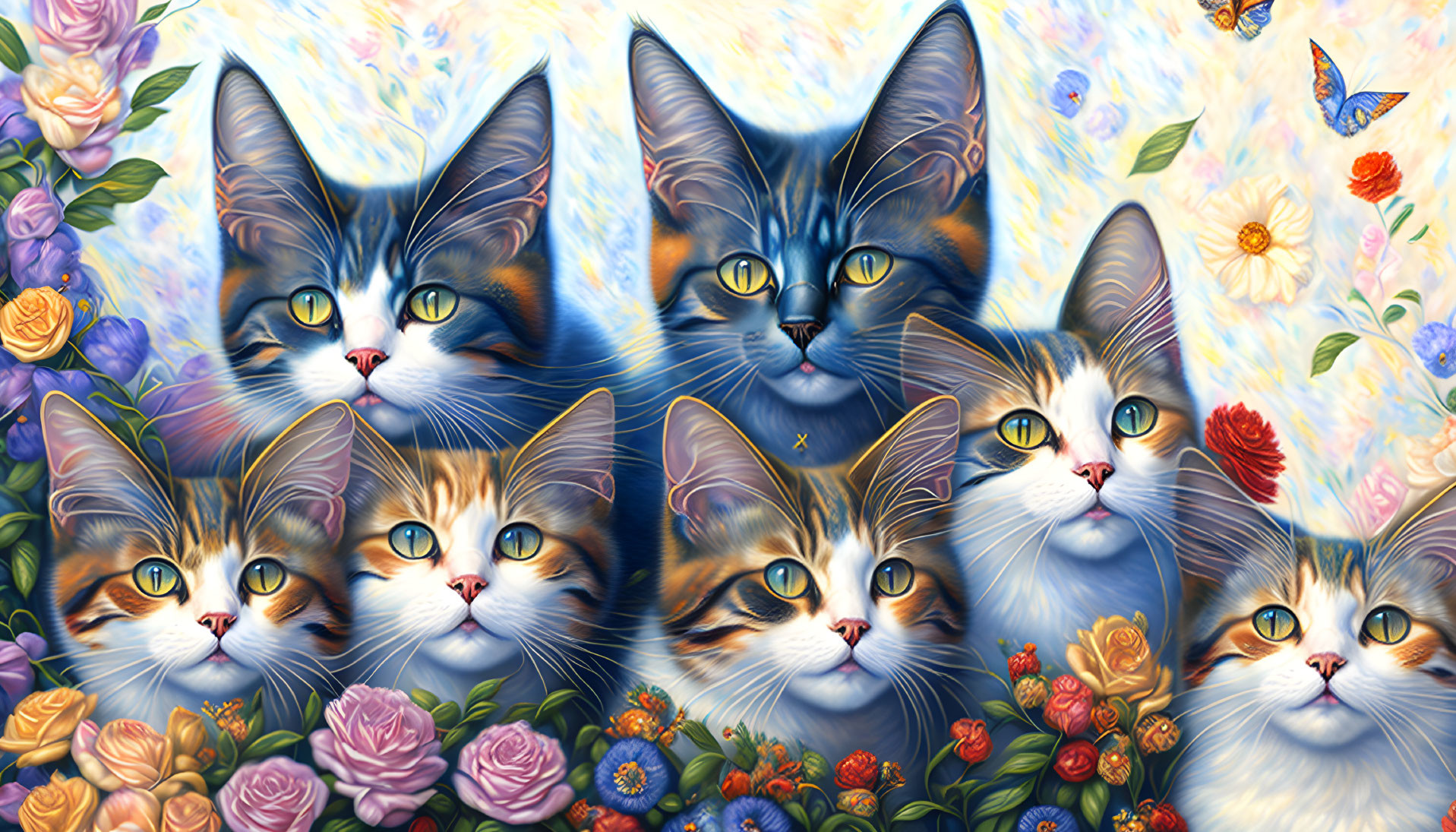 Vibrant colorful cats with expressive eyes in floral setting