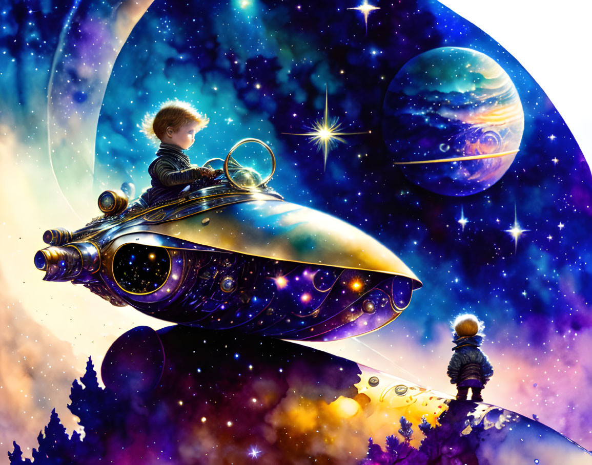 Child in spacesuit gazes at clone in spaceship on vibrant cosmic landscape