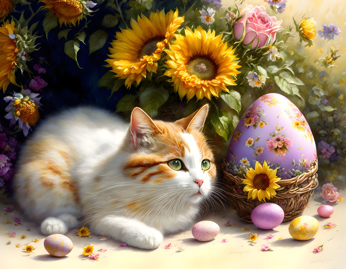 Fluffy ginger and white cat in sunflowers, roses, and Easter eggs