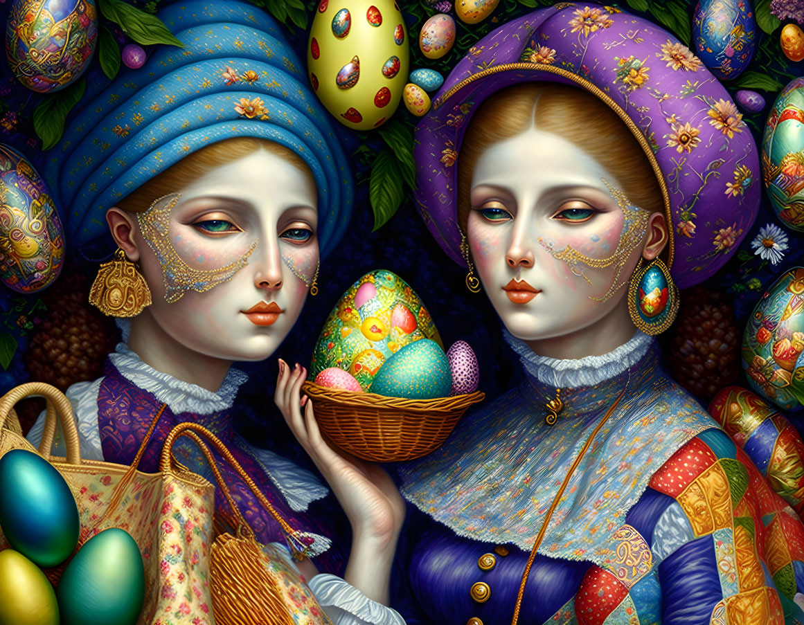 Elaborately dressed figures with painted faces and ornate headdresses holding colorful eggs