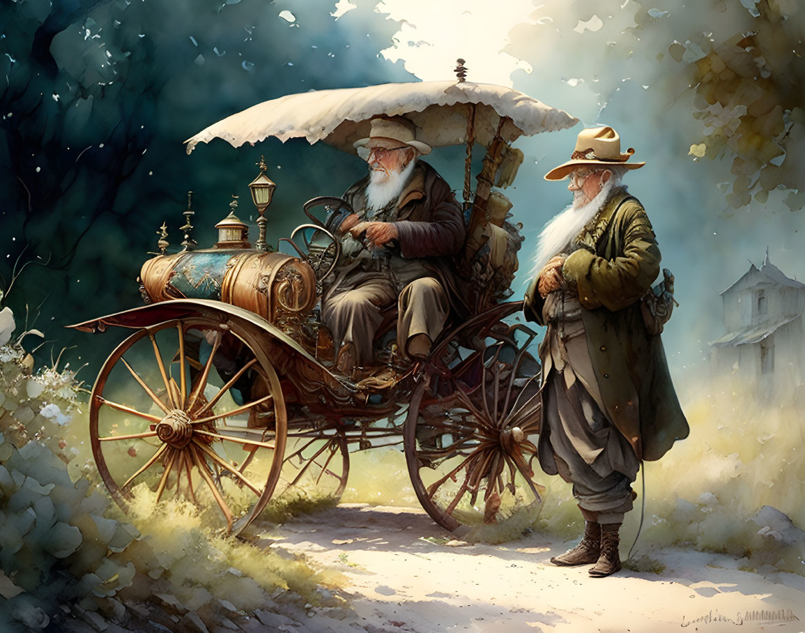 Elderly Men in Vintage Clothing in Steampunk Carriage Scene