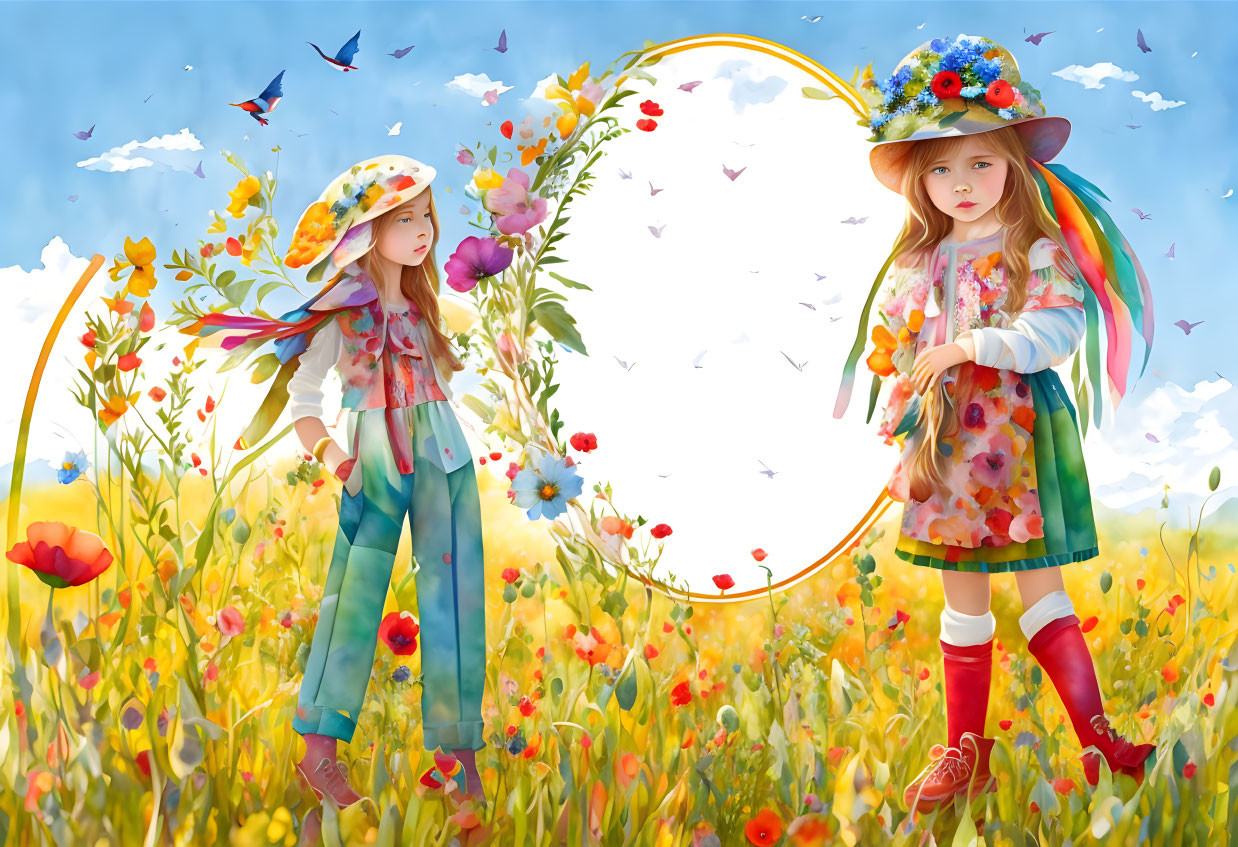 Two young girls in flower field with hoop and flowers, birds fluttering.