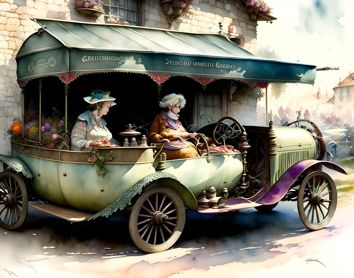 Vintage green vehicle with floral decor and two women in period attire on busy street.