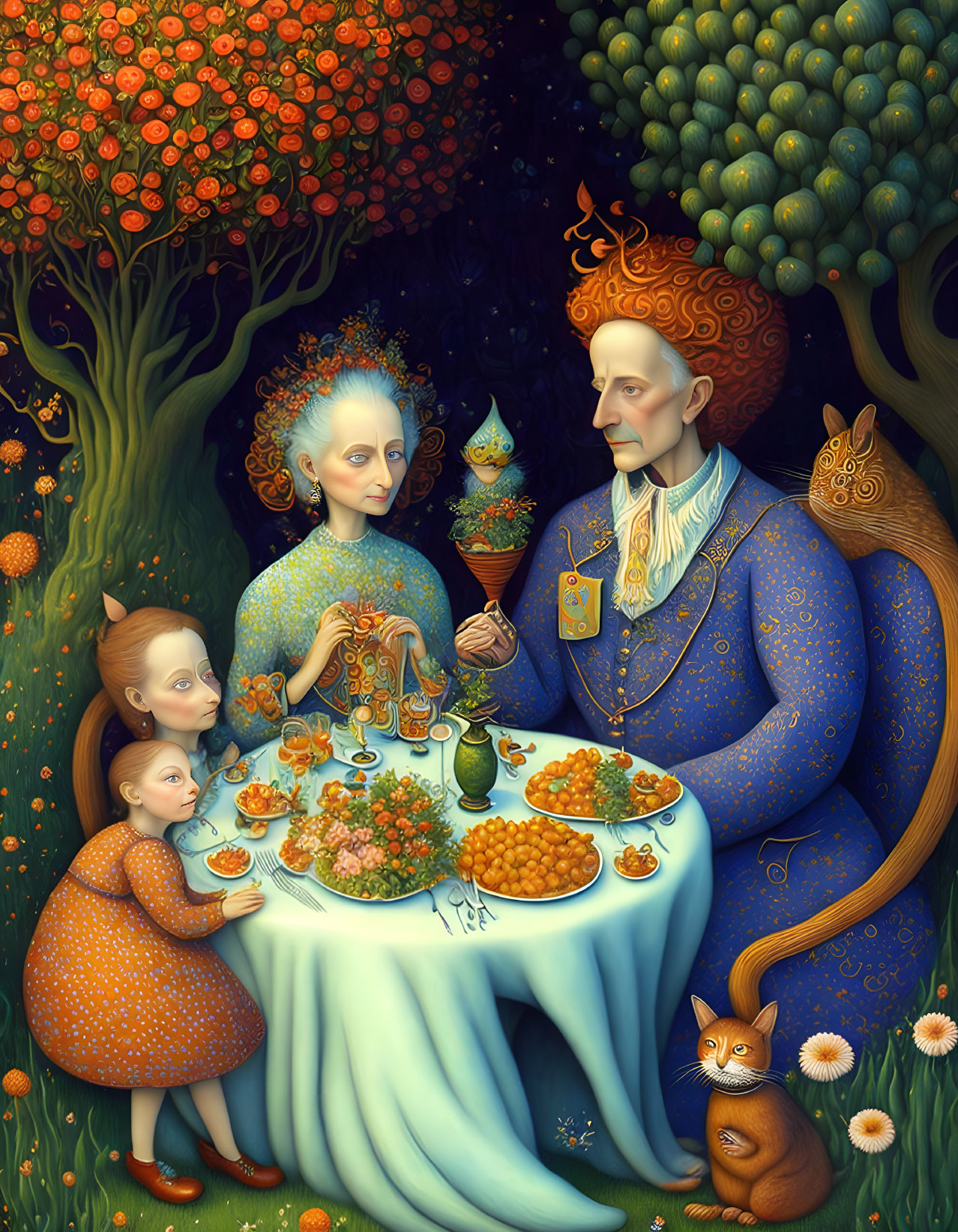 Whimsical family painting dining outdoors with surreal backdrop