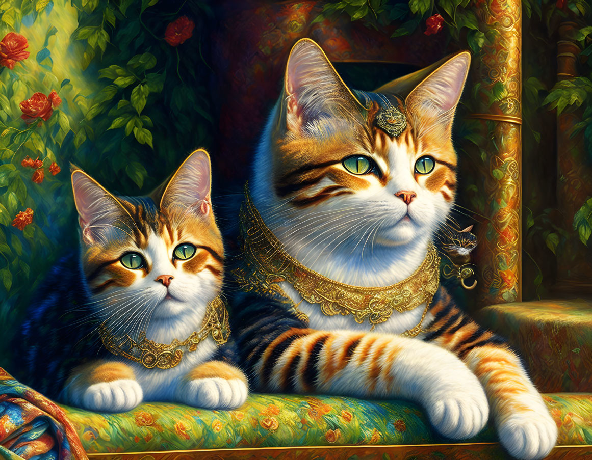 Regal cats with striking fur patterns in elegant pose against lush floral backdrop