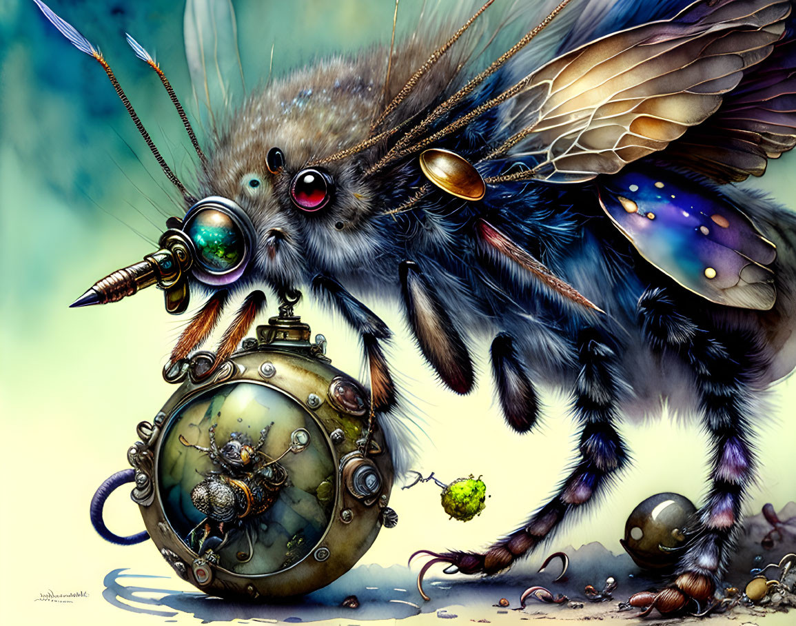 Fluffy insectoid creature with intricate eyes and mechanical parts holding ornate timepiece.