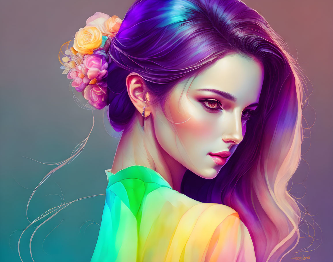 Vibrant multicolored hair woman portrait with floral adornments and striking makeup