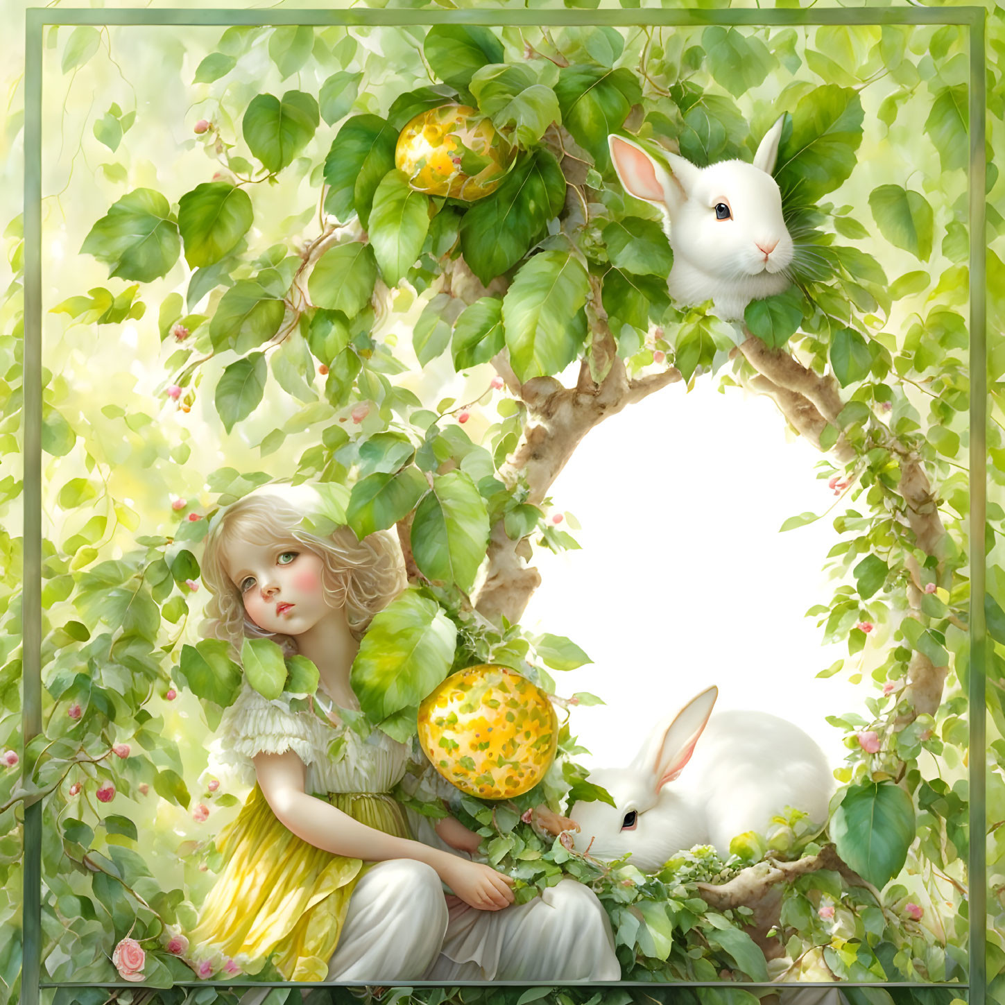 Blonde girl with rabbits under leafy arch in whimsical illustration