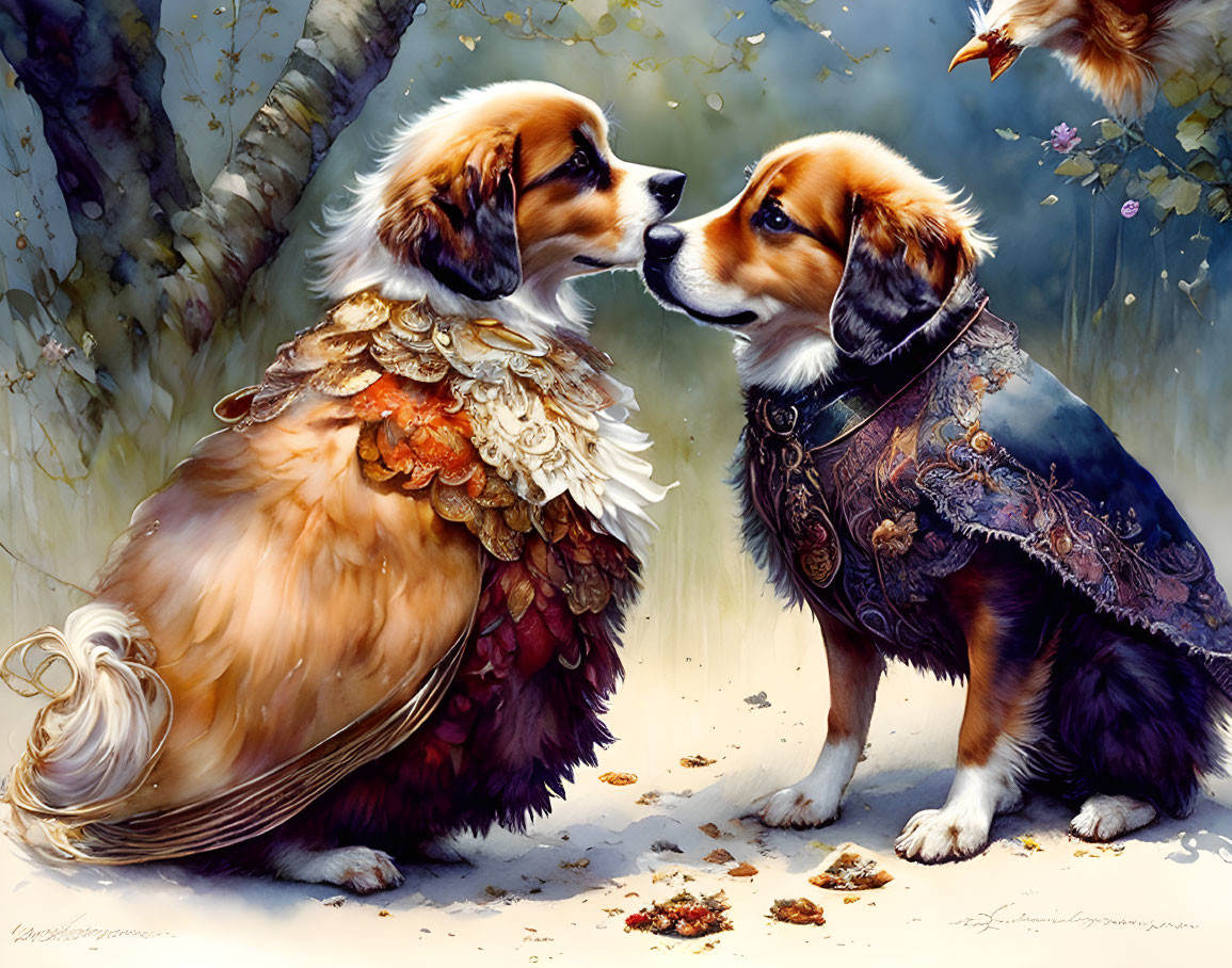 Elaborately Dressed Dogs in Feathers and Cape Meet in Enchanted Forest