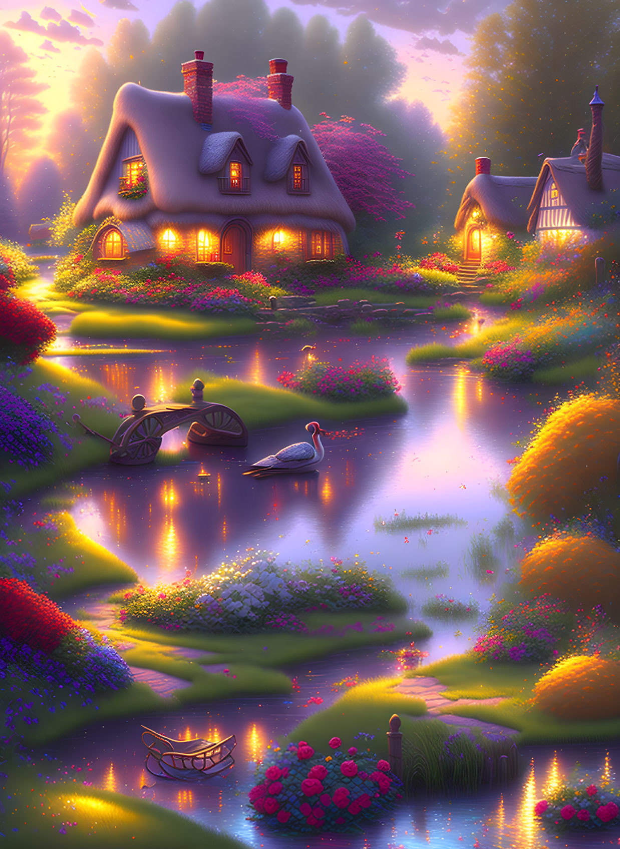 Enchanting fairytale village illustration at twilight