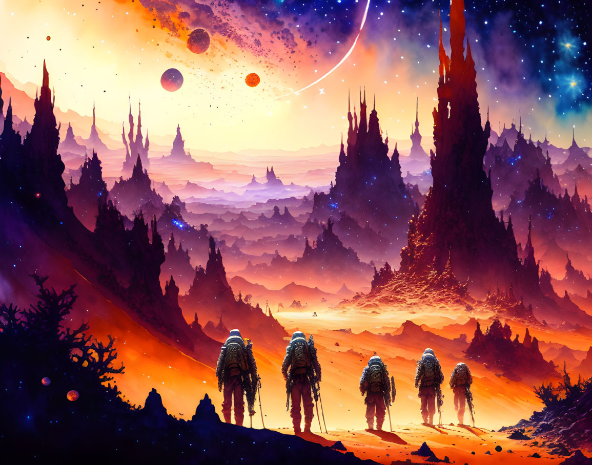 Astronauts exploring vibrant alien landscape with towering spires