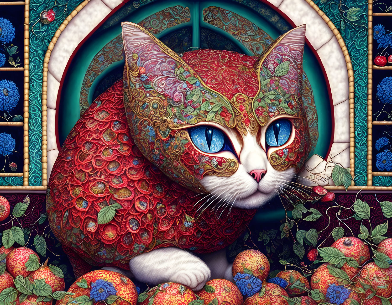 Colorful cat with blue eyes and fruits on stained glass background