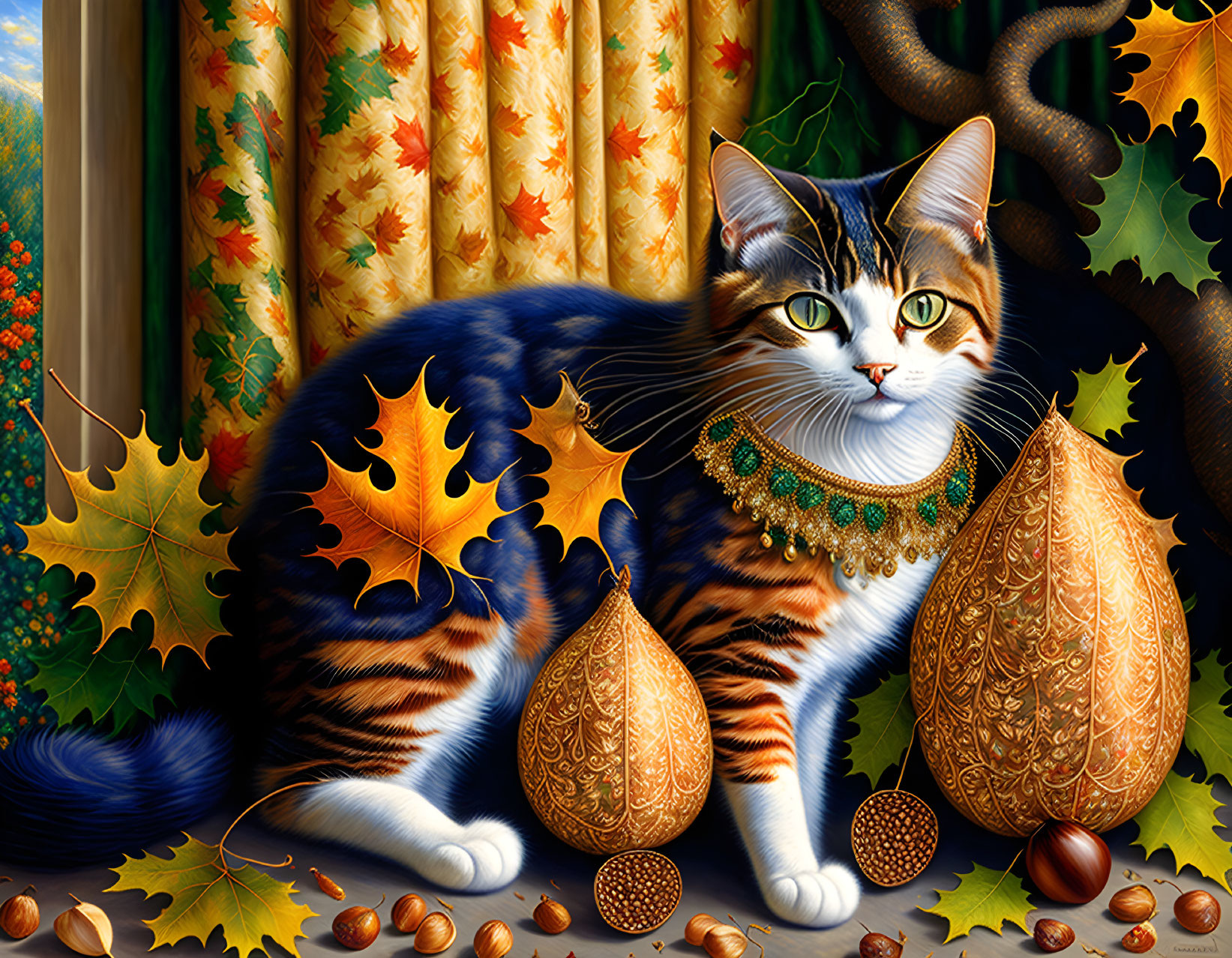 Colorful Cat Illustration with Autumn Leaves Pattern, Golden Vases, Chestnuts, and Fall F