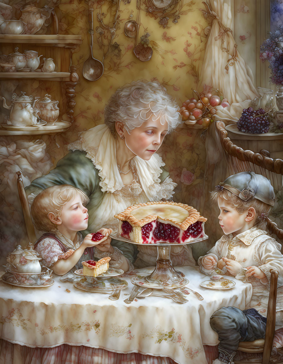 Elderly woman with children in vintage kitchen enjoying berry pie