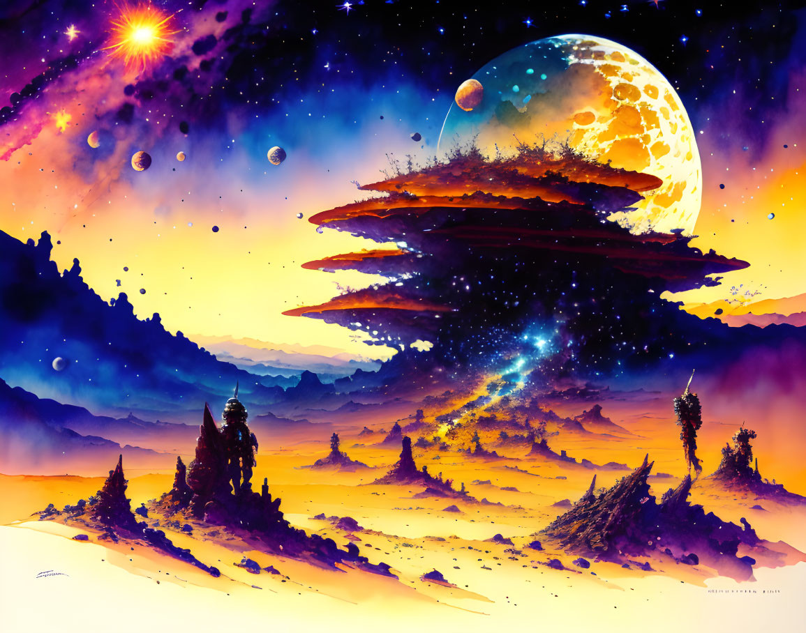 Colorful Sci-Fi Landscape with Floating Rocks, Moon, Planets, Stars, and Galaxy Above Alien