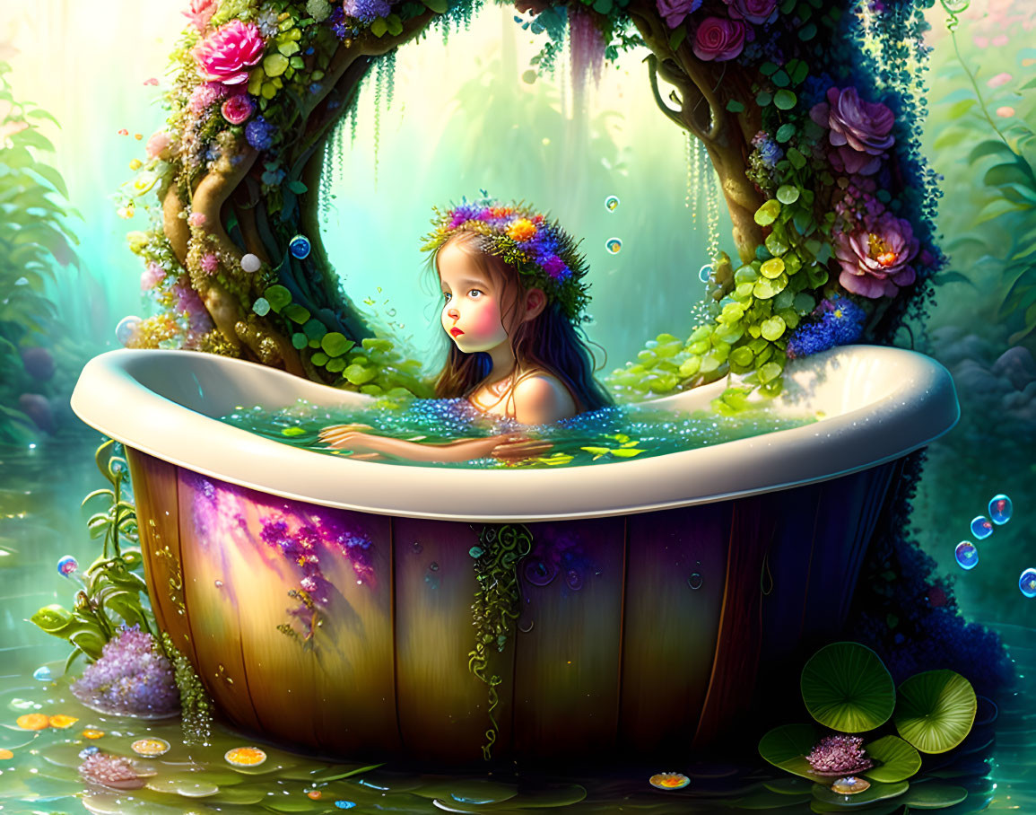 Girl in floral crown in whimsical outdoor bathtub with lush greenery and magical orbs.