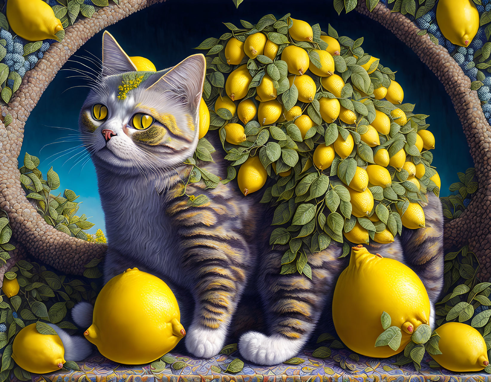 Tabby Cat with Whimsical Design and Basket of Lemons on Blue Background