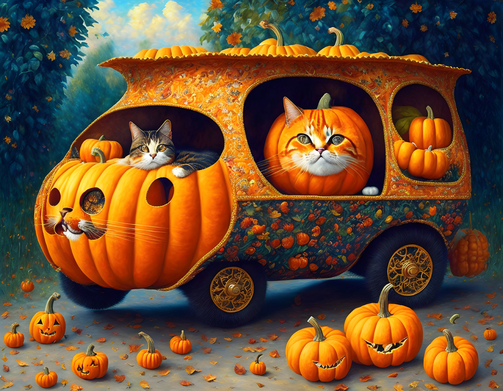 Three Cats in Whimsical Pumpkin Carriage Amid Autumn Leaves