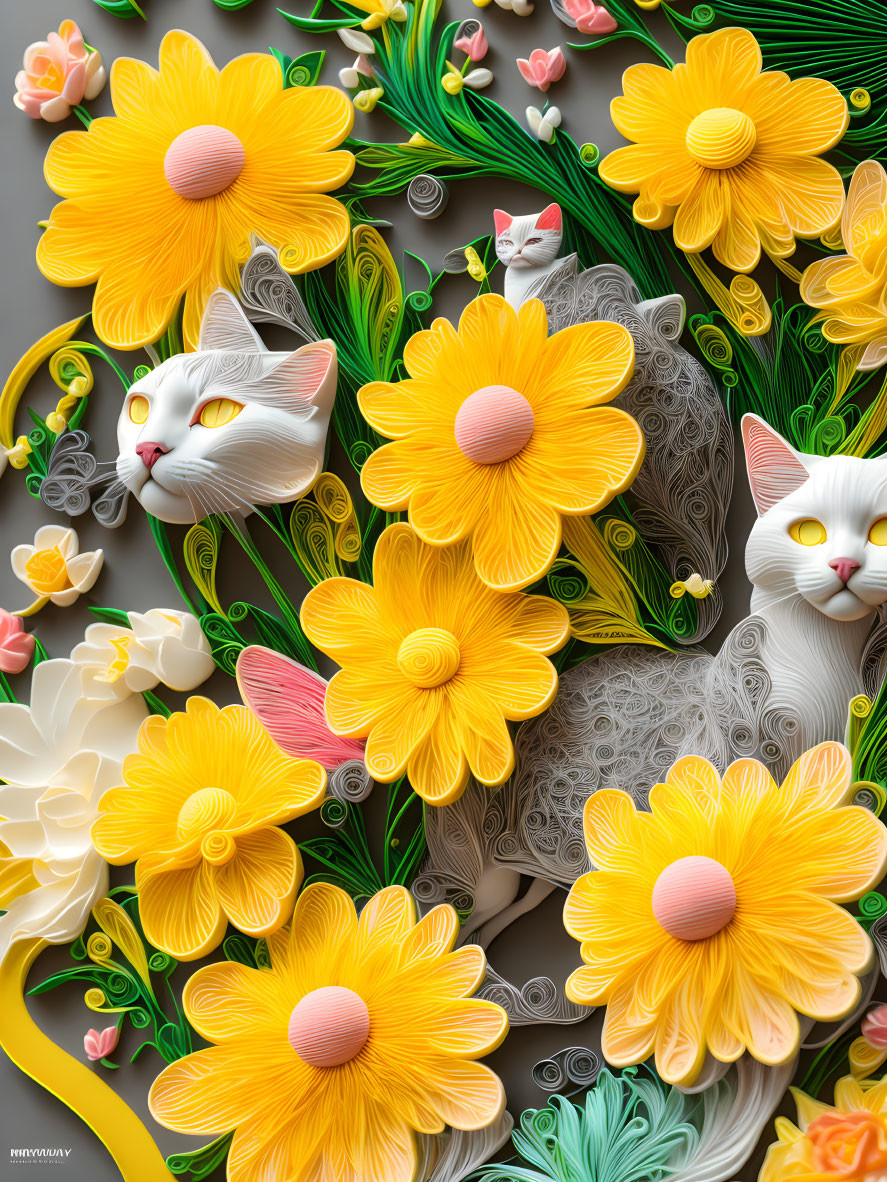 Colorful Quilled Paper Art with Yellow Flowers, Green Foliage, and White Cats