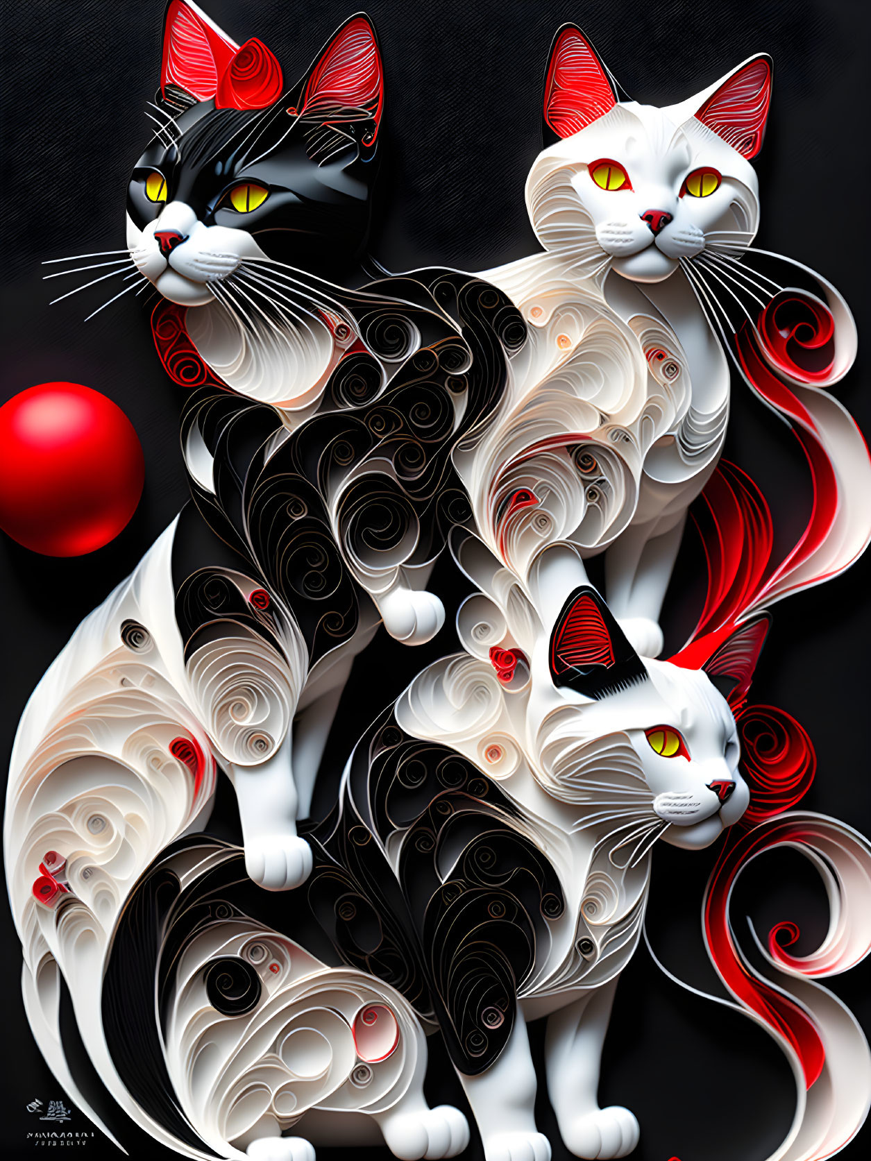 Stylized black and white cats with yellow eyes and red accents next to a red ball