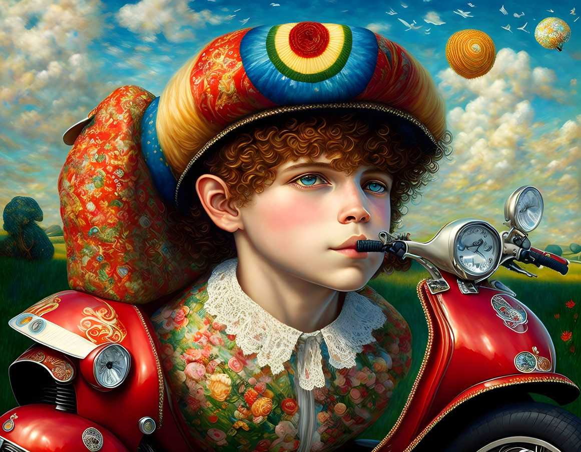 Colorful surreal portrait: curly-haired person in turban on scooter under whimsical sky