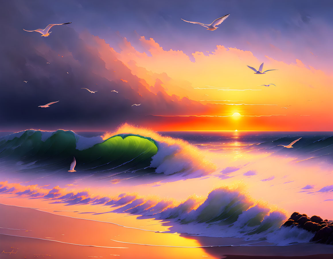 Seagulls flying over crashing waves at sunset with orange and purple sky