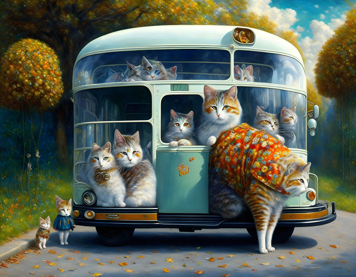 Illustration of cats on retro-style bus in autumnal setting