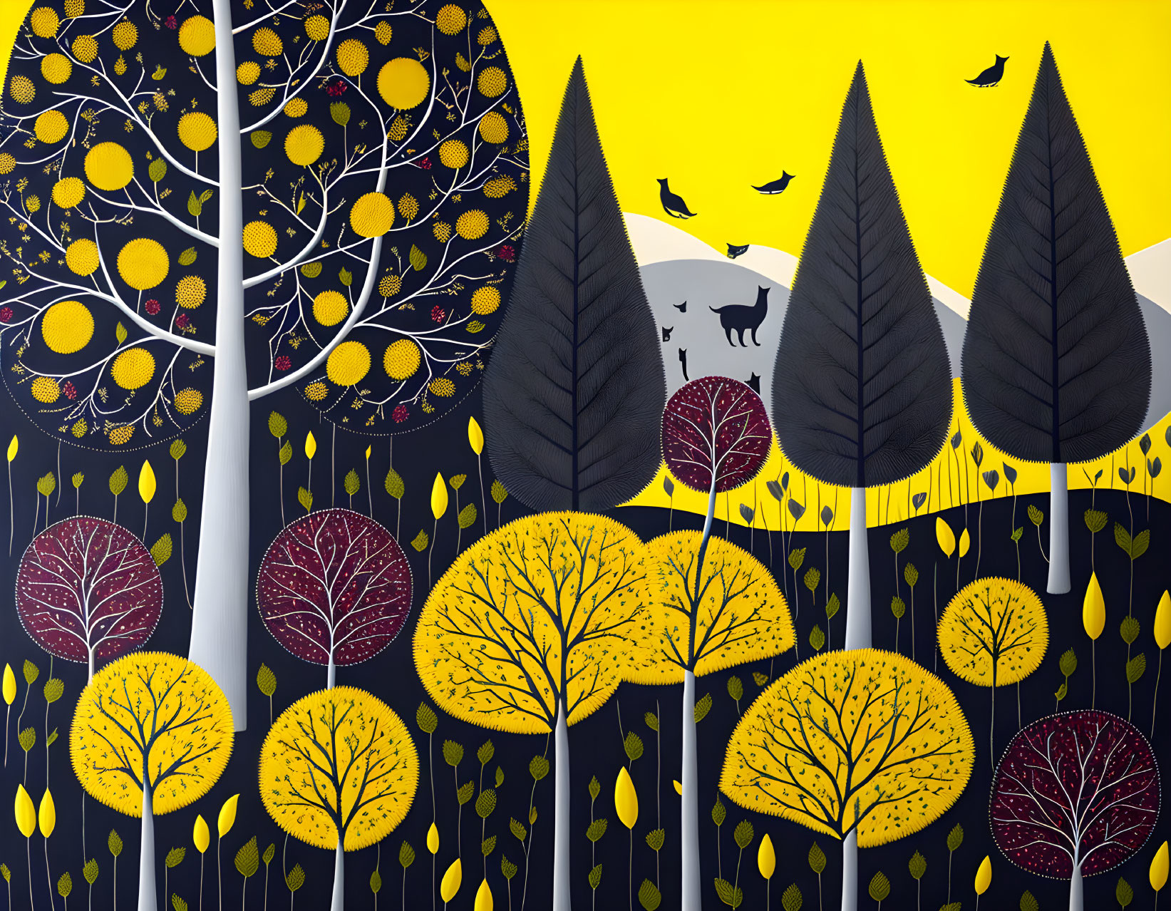 Colorful Forest Scene with Patterned Trees and Animals under Yellow Sky