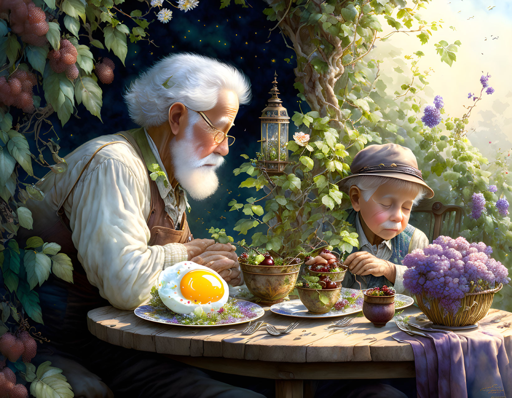 Elderly man and young boy dining at wooden table in lush garden