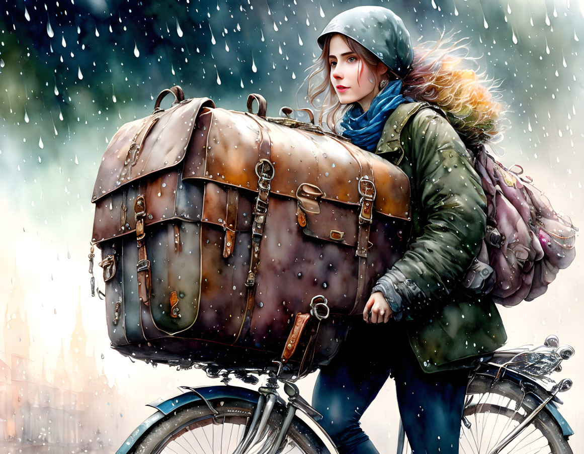 Woman with blue headscarf, backpack, and suitcase in snowy scene