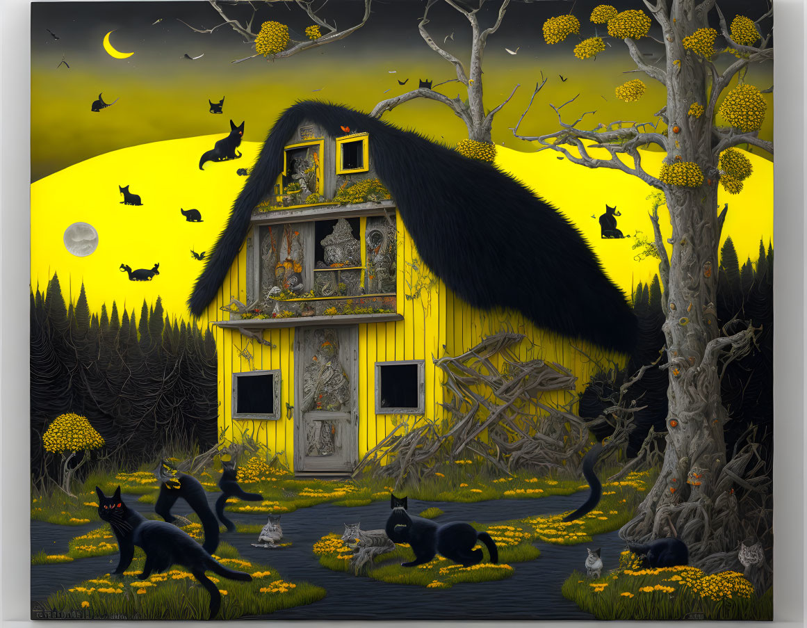 Stylized artwork of yellow house with thatched roof, black cats, bats, bare trees,