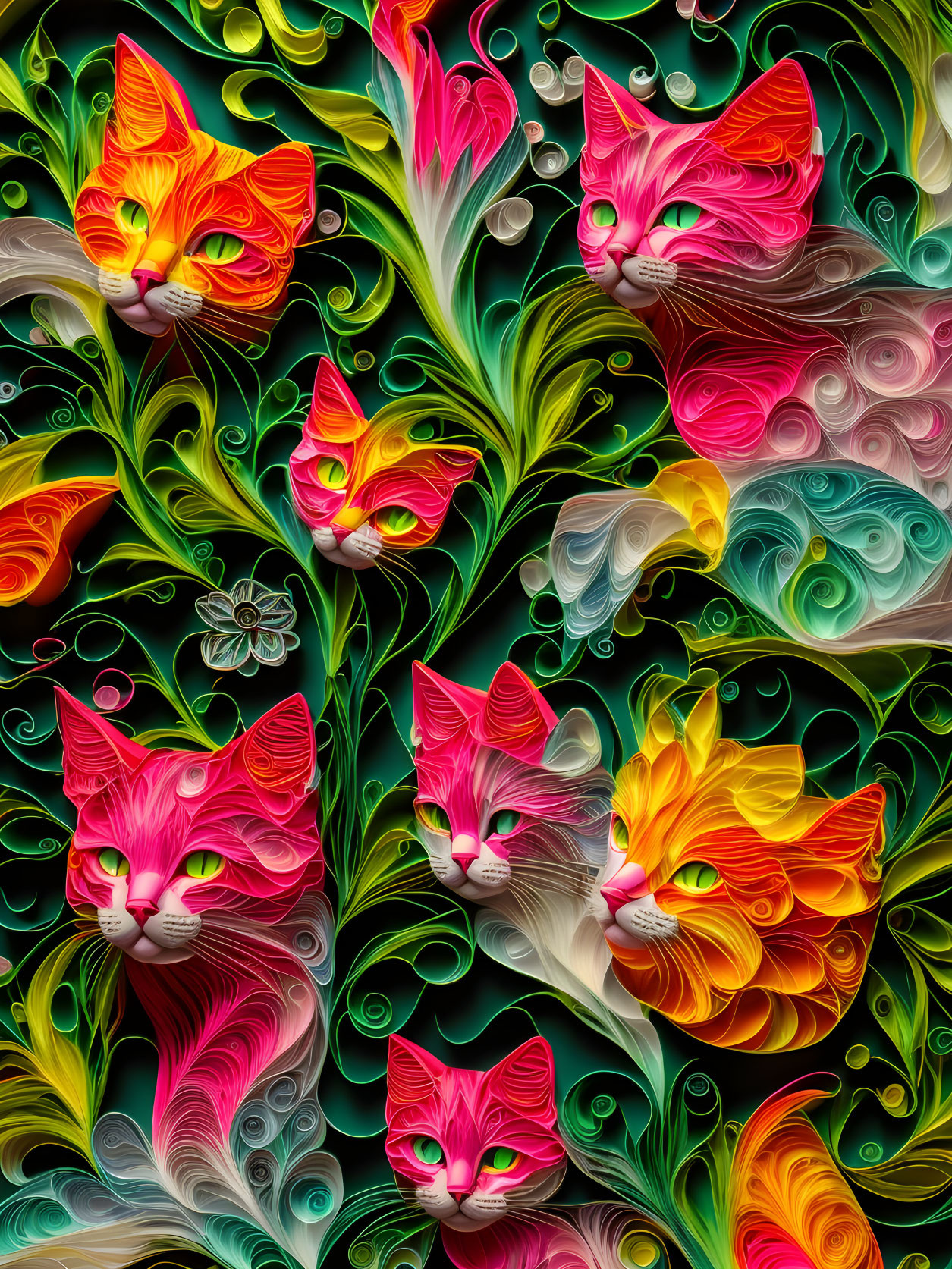 Colorful Stylized Image: Whimsical Neon Cat Faces & Floral Patterns