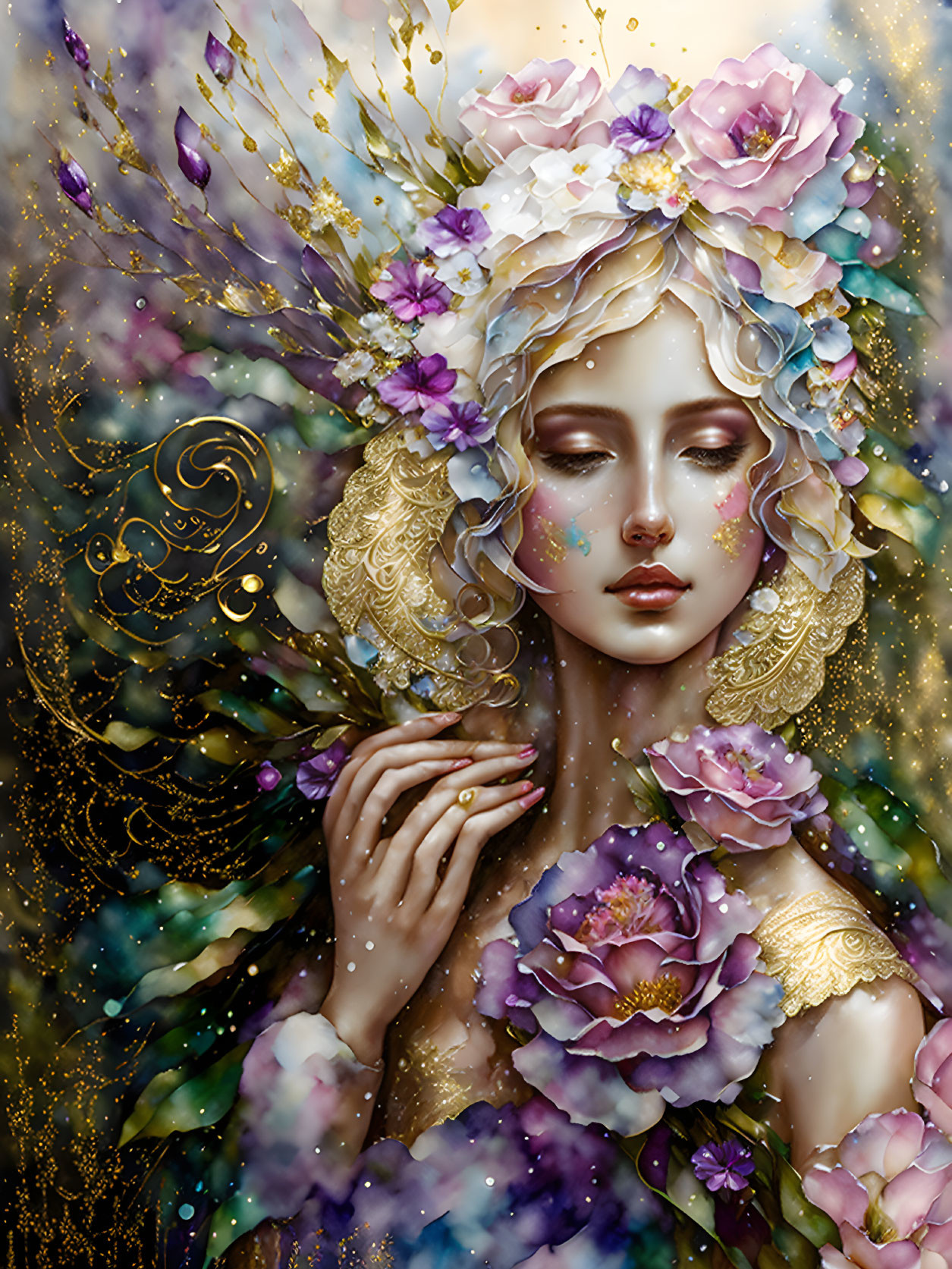 Ethereal woman with floral crown and gold accents in serene setting