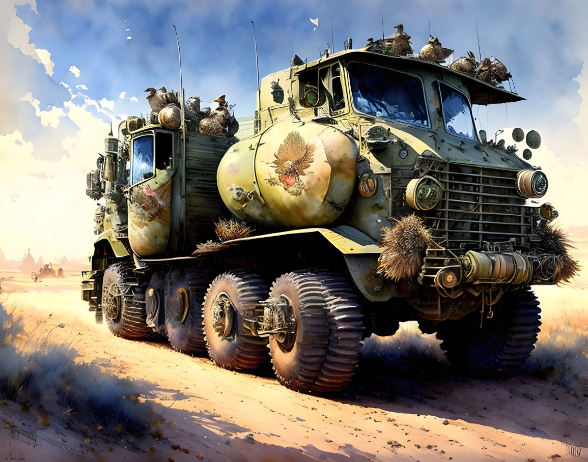 Armored post-apocalyptic vehicle with large tires and defense armaments in a dusty landscape with birds.